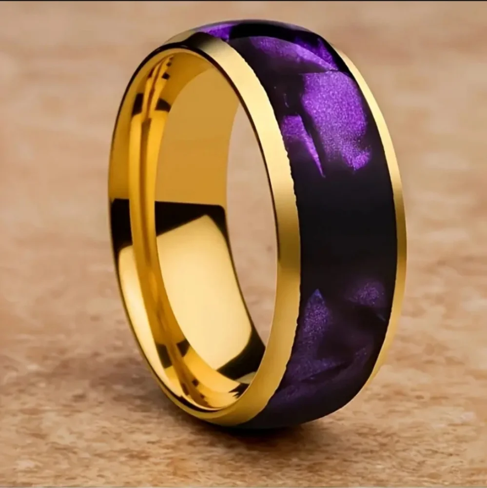 🆕️MENS STYLISH TUNGSTEN GOLD RING SIZE 13~PURPLE INLAY PROMISE/WEDDING RING (M)